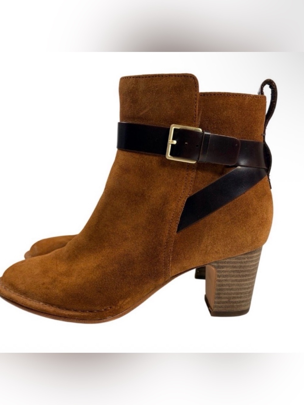 Clarks Cushion Brown Suede Ankle Boots Buckle Strap Stacked Heel Sz 8.5